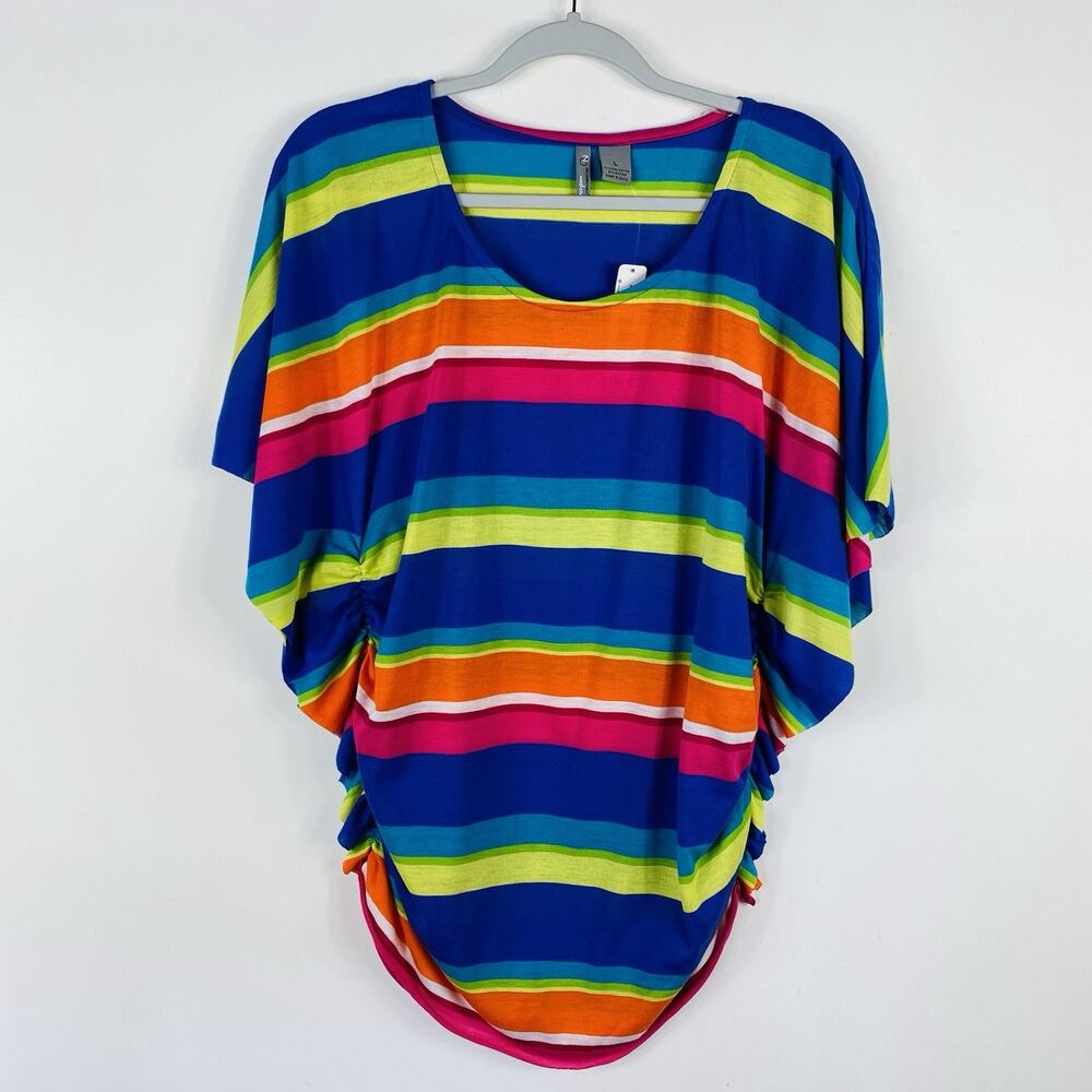 New Directions Top Large Striped Ruched Side Butterfly Sleeve Colorful Rainbow